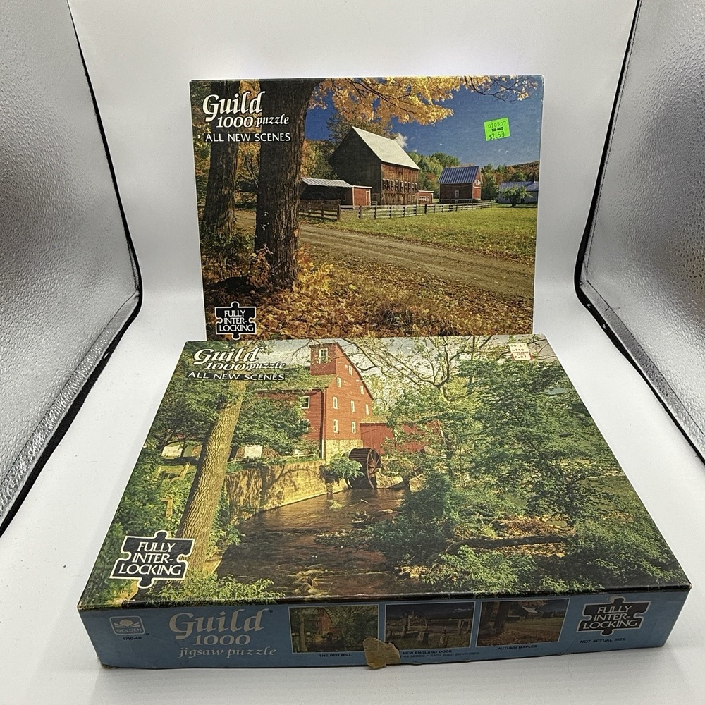 Lot of 2 Guild 1000p puzzles- The Red Mill, Autumn's Maple, 1980s - All Pieces
